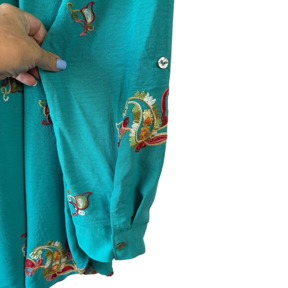 Anthropologie Fig And Flower Top 2X Teal Green Boho Peasant Floral Embroidered - Picture 5 of 9